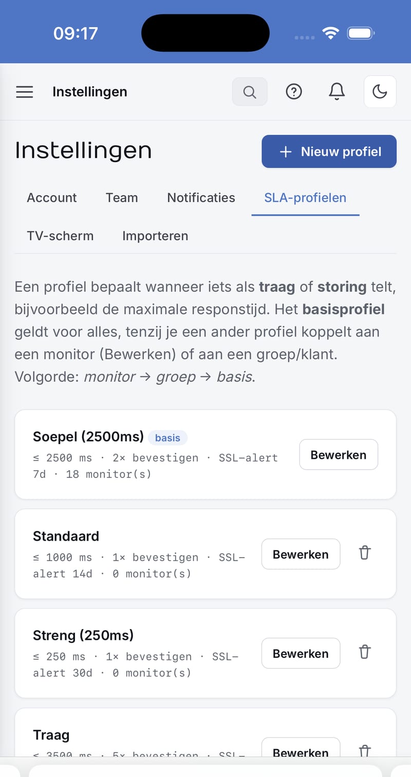 SLA-profielen SLA-profielen op mobiel onder Instellingen