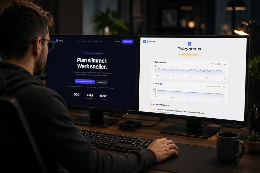 Een eigen, deelbare statuspagina per klant Een eigen Semro-statuspagina van klant Twizy, live op het scherm van een developer